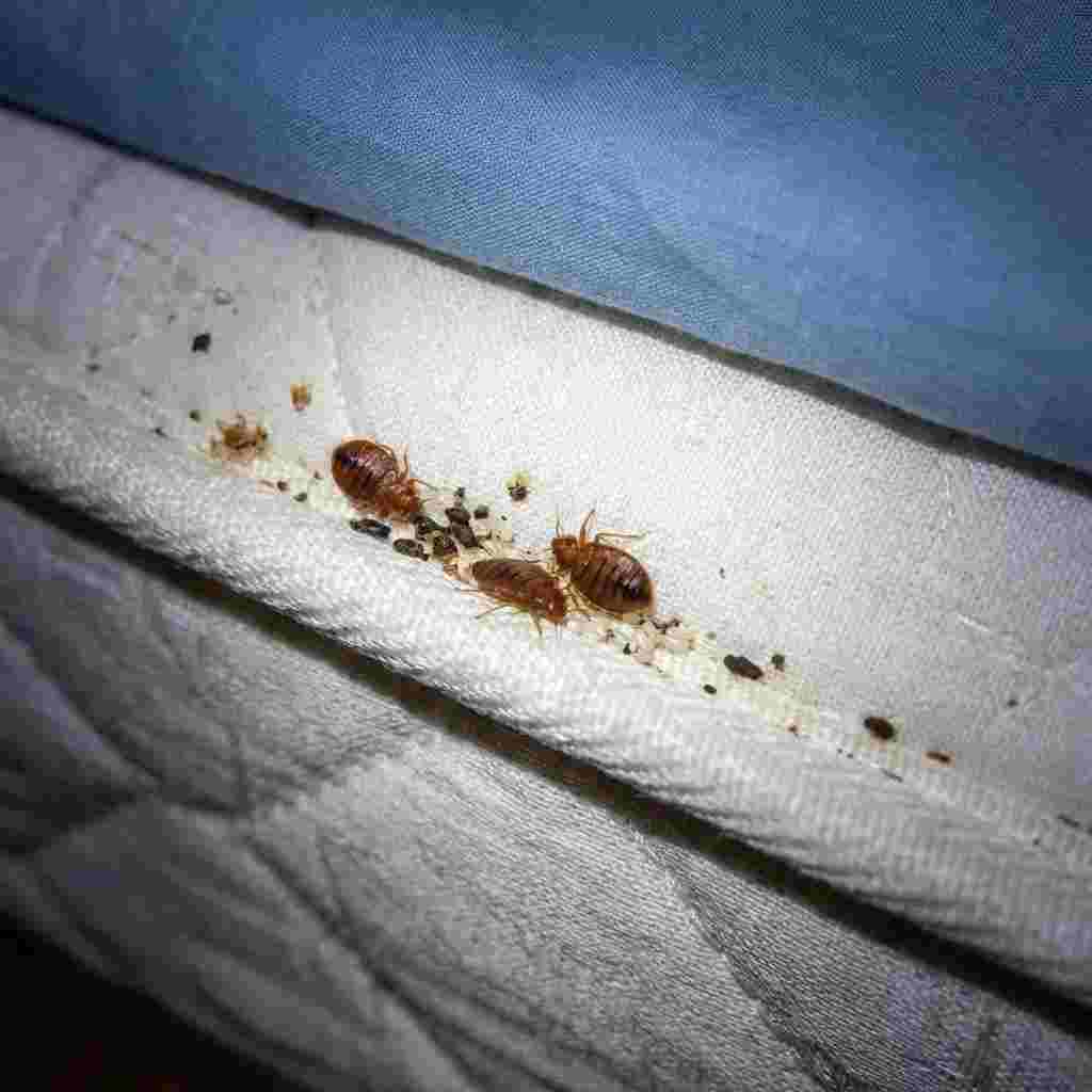 Bed bugs around mattress seams and bedding