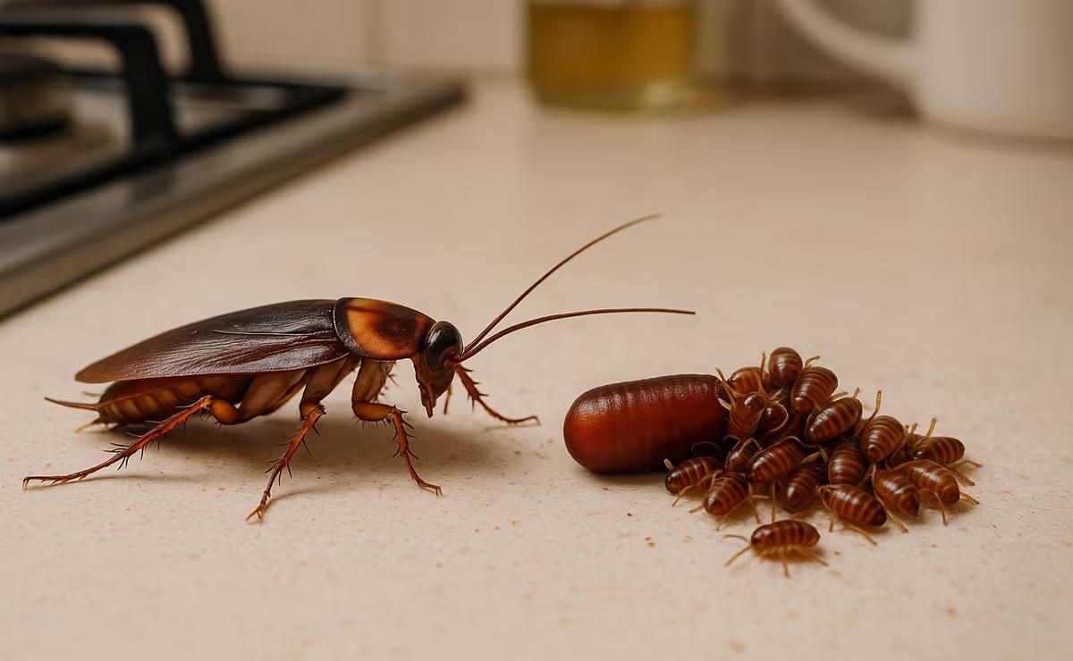 Cockroach droppings around a kitchen cabinet