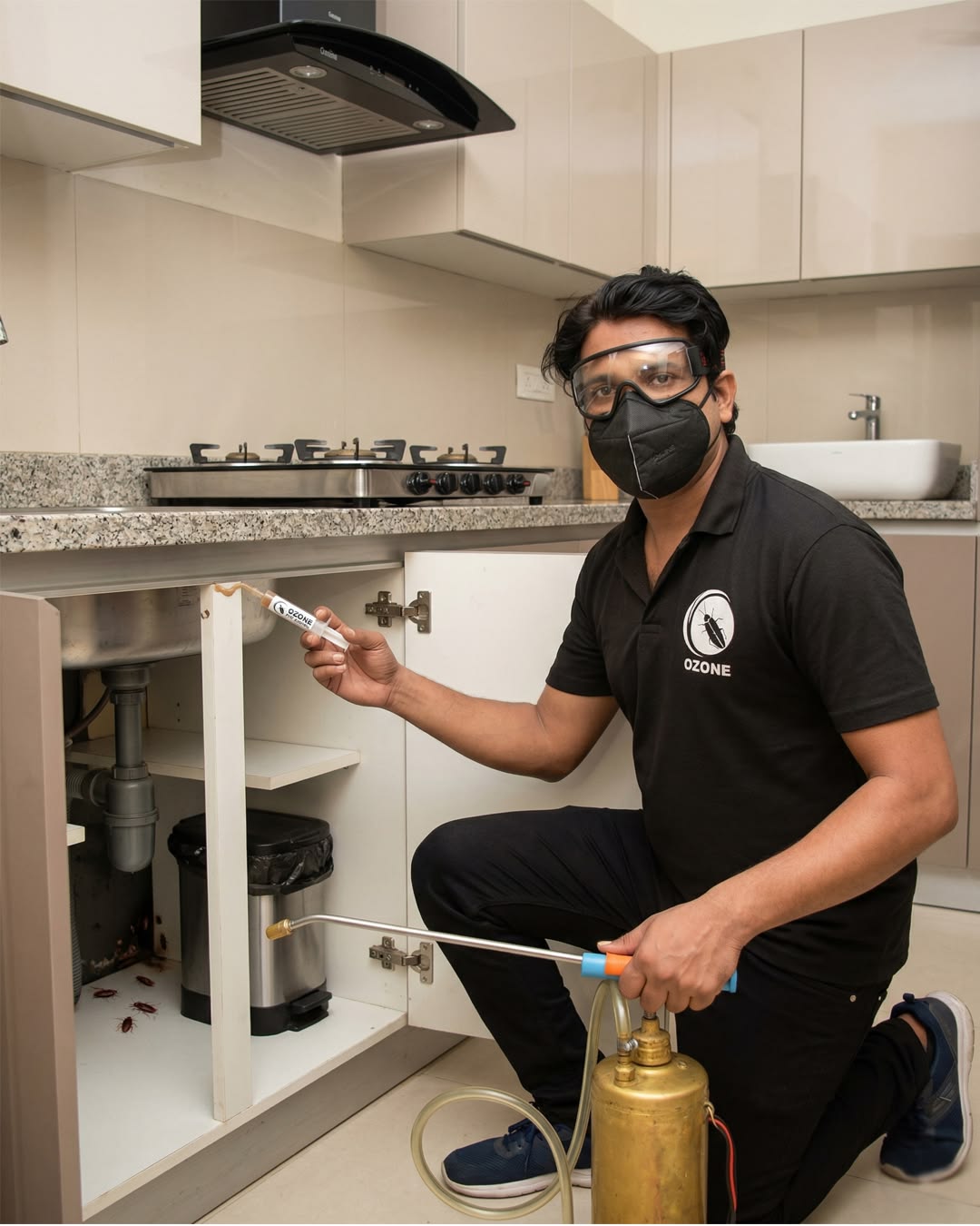 Professional technician performing cockroach control treatment
