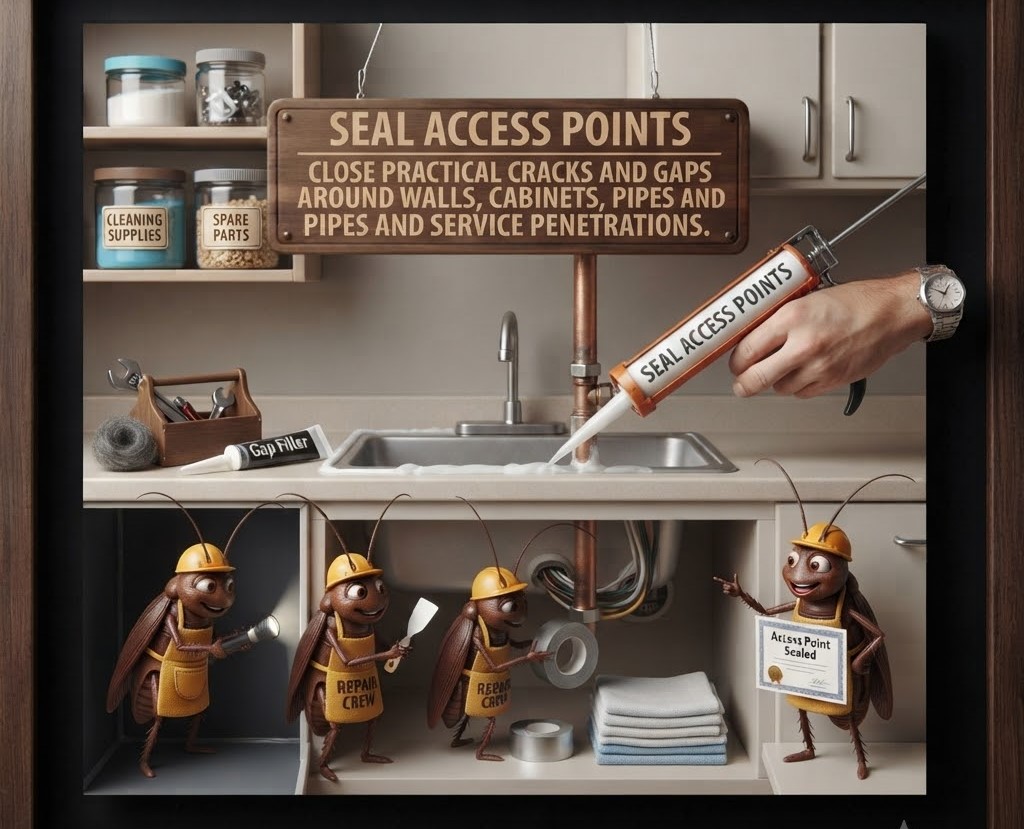 Sealing cracks and gaps to reduce cockroach entry points