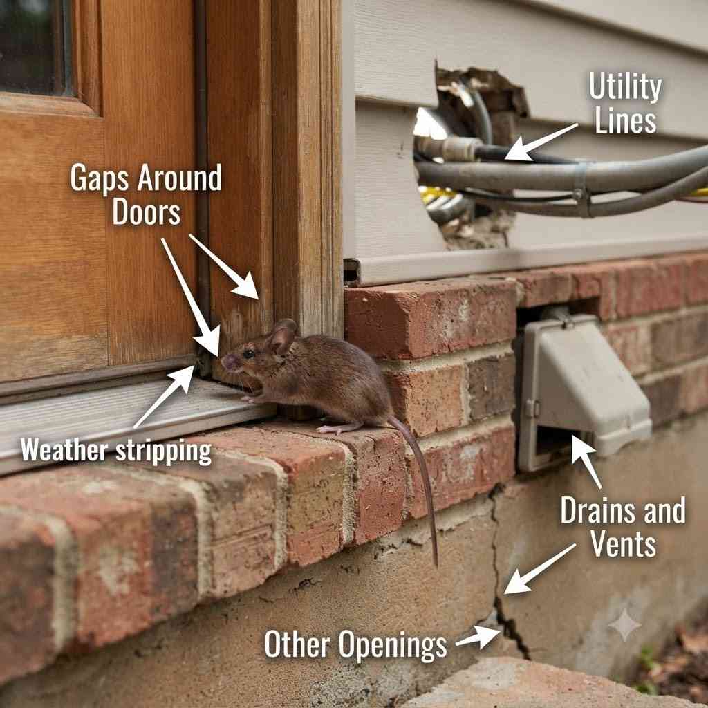 Rodent entry points around doors and utility openings